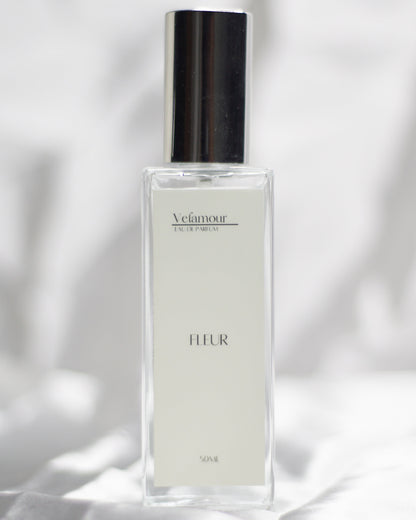 Elegant Glass Velamour Perfume Bottle of Fleur, A Vibrant Floral Fragrance